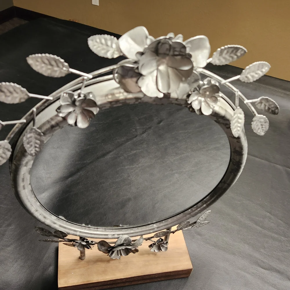 Decorative Silver Floral Round Mirror On Stand- Silver